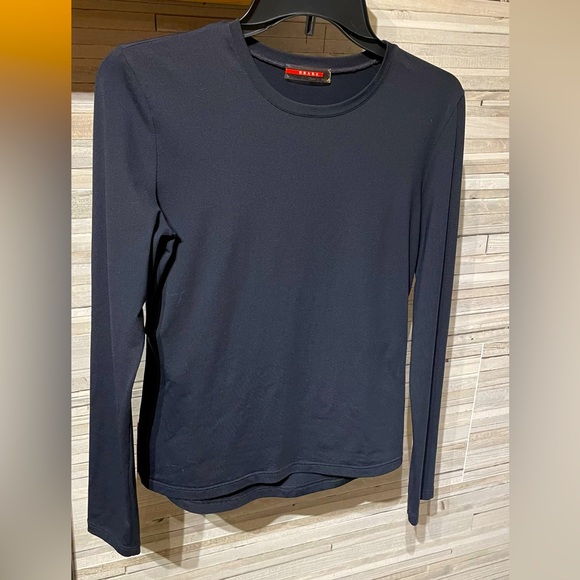 Prada Techno Nylon Black Womens long sleeve fitted tee size L w zip back pocket - Picture 1 of 6